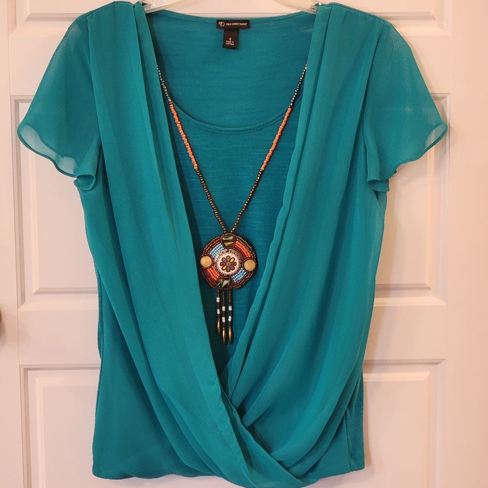 New Directions Teal Draped Short-Sleeve Blouse long beaded statement necklace Sm - Picture 9 of 15